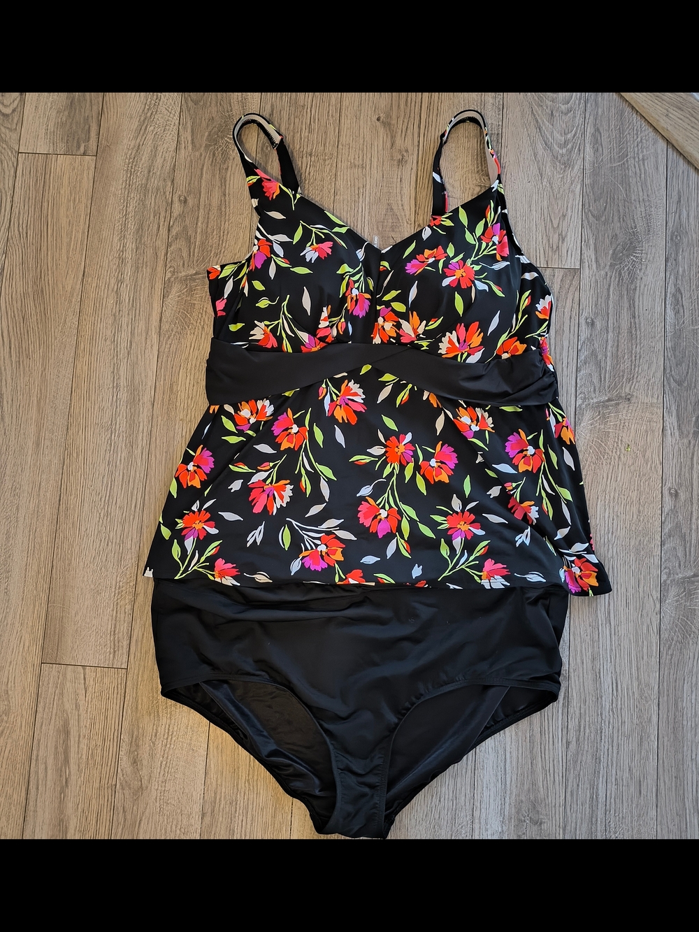 Lands' End Black Floral Tankini with Pink, Orange & Green Accents